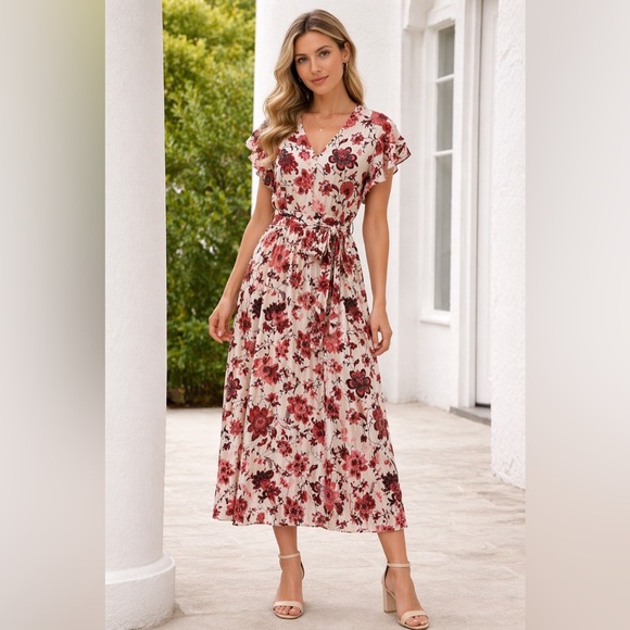 Euromoda Dresses & Skirts - Euromoda Boho Floral Tie Belt Midi/Maxi Dress Reds Size Small made in Italy